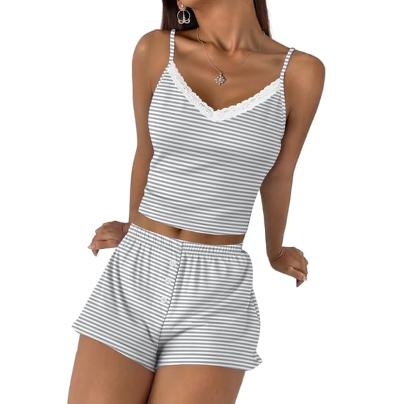 Ekouaer Cami Pajama Sets Y2K 2 Piece Lace Crop Top and Shorts Sexy Pjs Summer Lingerie Sleepwear Nightwear for Women