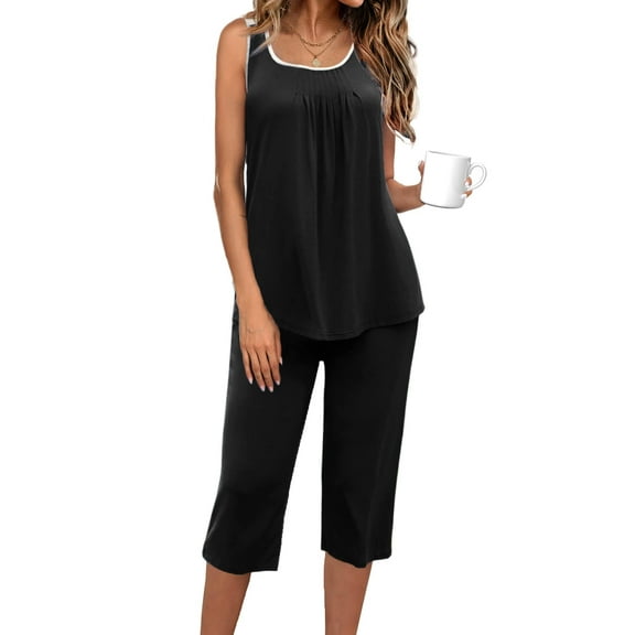 Ekouaer Capri Pajama Sets for Women 2 Piece Soft Cute Pjs Round Neck Sleeveless Lounge Set for Summer Sleepwear