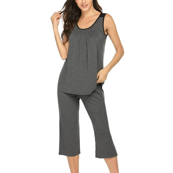 Ekouaer Capri Pajama Sets for Women 2 Piece Soft Cute Pjs Round Neck Sleeveless Lounge Set for Summer Sleepwear