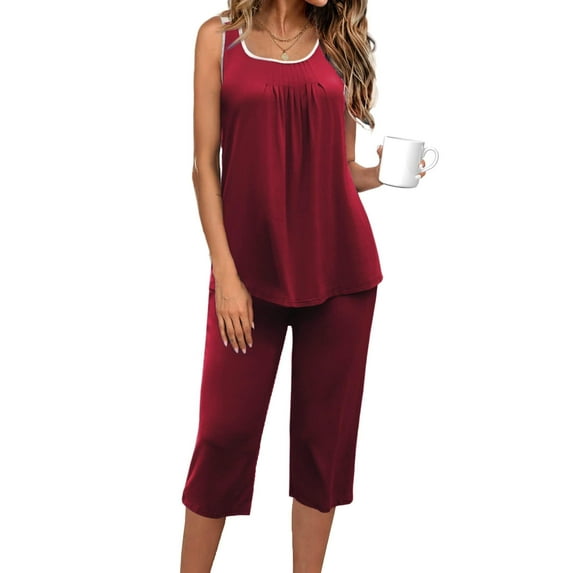Ekouaer Capri Pajama Sets for Women 2 Piece Soft Cute Pjs Round Neck Sleeveless Lounge Set for Summer Sleepwear