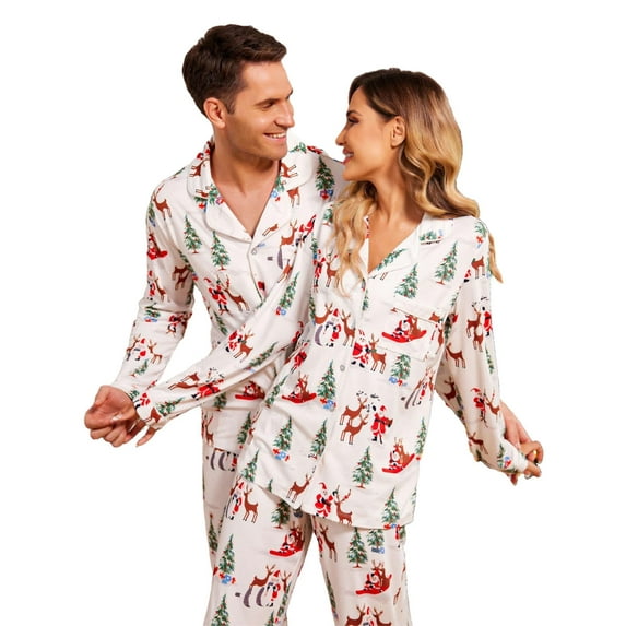 Ekouaer Christmas Mens Womens Family Matching Pajamas Long Sleeve Button Down Pj Set Festival Party Sleepwear
