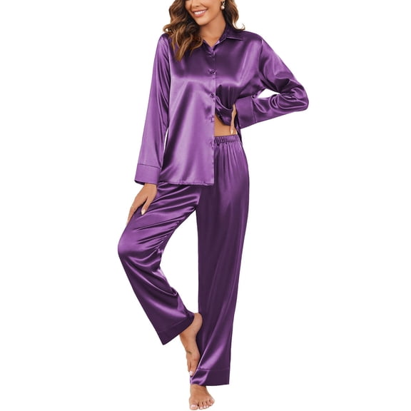 Ekouaer Classic Satin Pajamas for Women Long Sleeve Button Down Sleepwear Soft Silk Loungewear Pjs Set