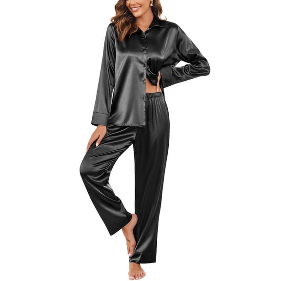Ekouaer Classic Satin Pajamas for Women Long Sleeve Button Down Sleepwear Soft Silk Loungewear Pjs Set
