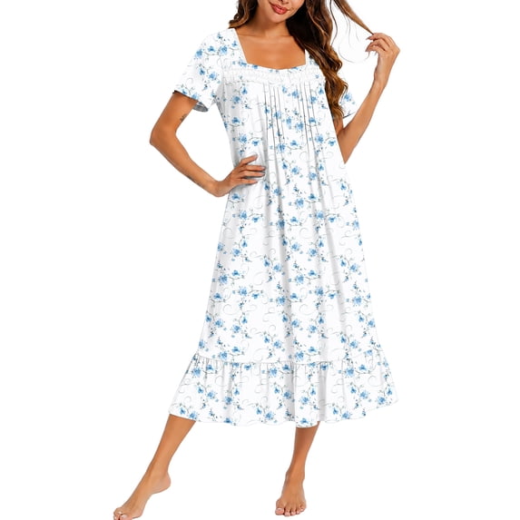 Ekouaer Cotton Long Nightgowns for Women Short Sleeve Night Gown Button House Dress Lace Trim Sleep Shirt Soft Nightshirt