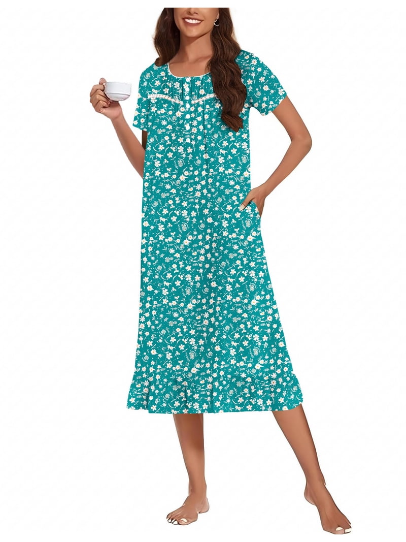 Ekouaer Cotton Nightgowns for Adult Women Soft Long Button Night Gowns Ladies House Dresses with Pockets Short Sleeve Night Dress