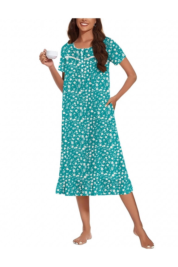 Cotton Nightgowns for Adult Women Soft Long Button Night Gowns Ladies House Dresses with Pockets Short Sleeve Night Dress