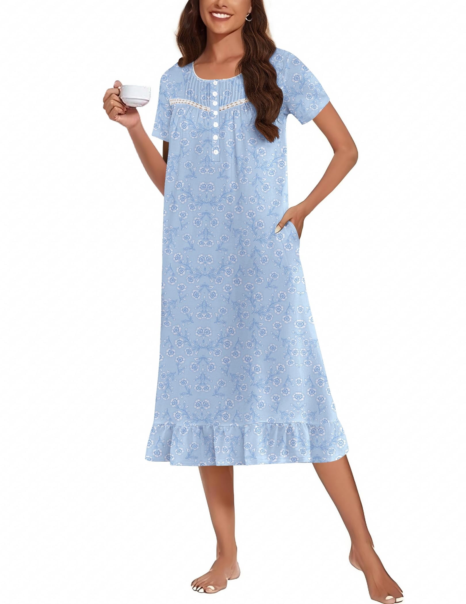 ladies house dresses cotton Ekouaer Nightgowns for Women Soft Long Button Night Gowns with Pockets Short Sleeve Pajama Dress Formal evening dress