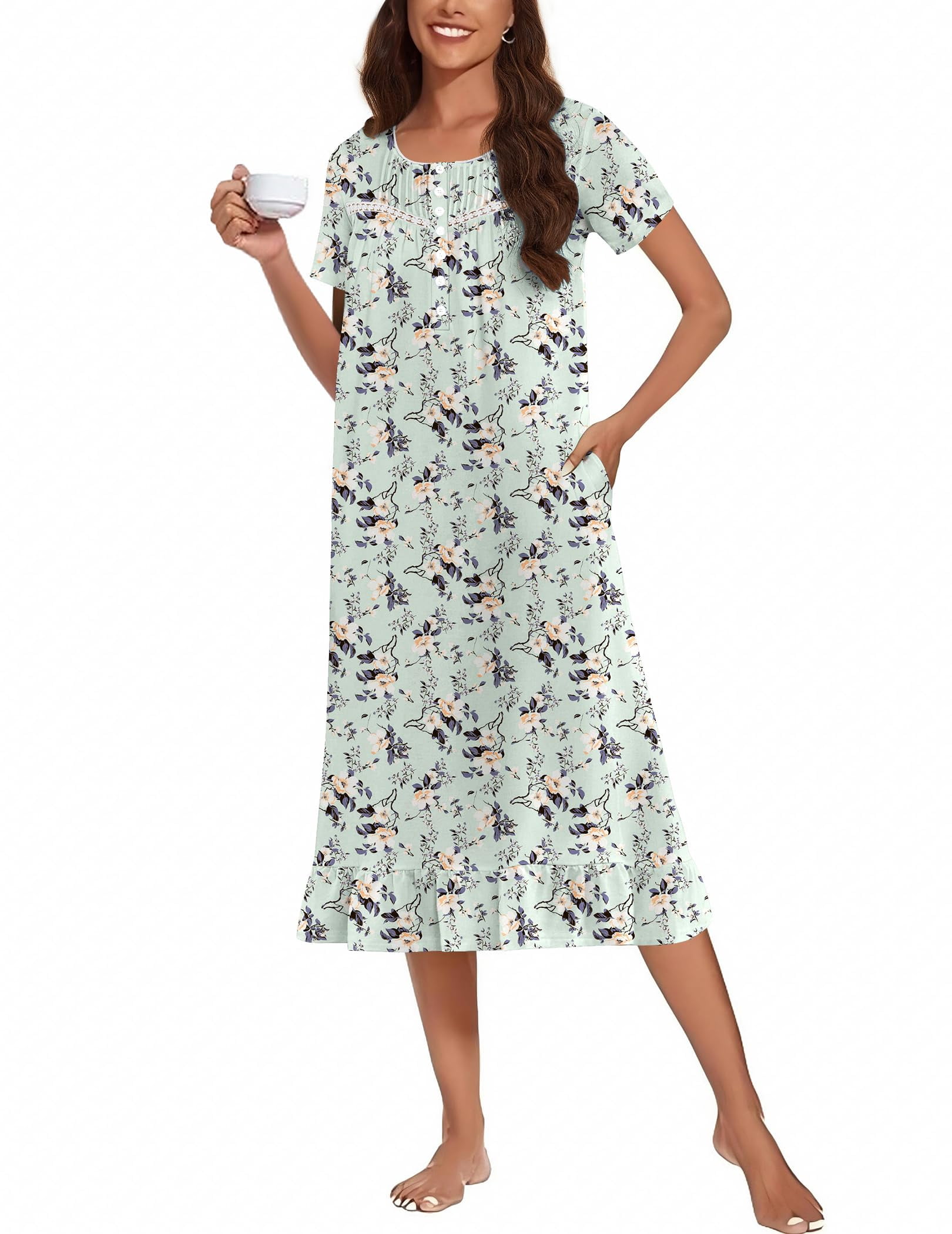 ladies house dresses cotton Ekouaer Women's Soft Nightgown – Long Button-Front Dress With Pockets & Short Sleeves. Comfy Sleepwear Or Nursing Gown, Sizes S-3XL Formal evening dress