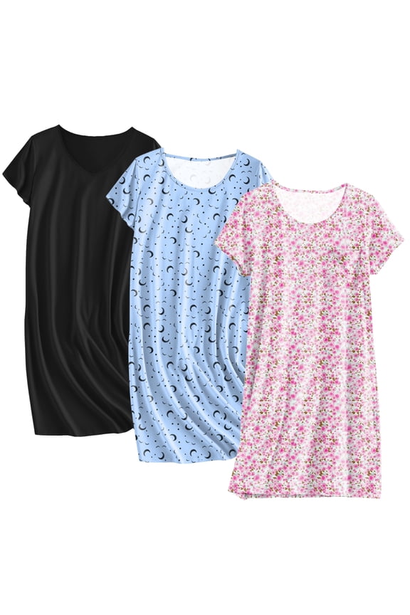 Cotton Nightgowns for Women 3 Pack Sleepshirts Short Sleeve Night Shirt Tshirt Night Gown Soft Sleepwear Print Sleep Dress