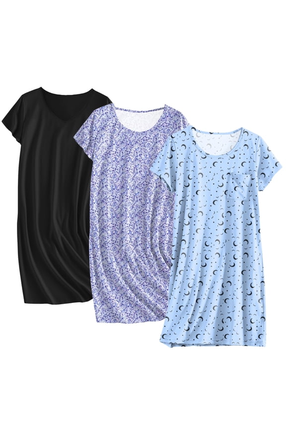 Cotton Nightgowns for Women 3 Pack Sleepshirts Short Sleeve Night Shirt Tshirt Night Gown Soft Sleepwear Print Sleep Dress