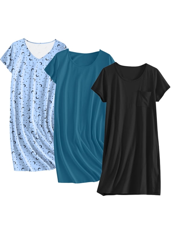 Cotton Nightgowns for Women 3 Pack Sleepshirts Short Sleeve Night Shirt Tshirt Night Gown Soft Sleepwear Print Sleep Dress