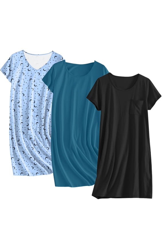 Cotton Nightgowns for Women 3 Pack Sleepshirts Short Sleeve Night Shirt Tshirt Night Gown Soft Sleepwear Print Sleep Dress