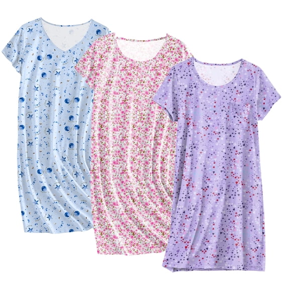 Ekouaer Cotton Nightgowns for Women 3 Pack Sleepshirts Short Sleeve Night Shirt Tshirt Night Gown Soft Sleepwear Print Sleep Dress