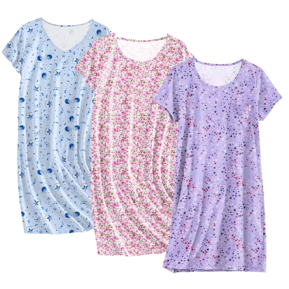 Ekouaer Cotton Nightgowns for Women 3 Pack Sleepshirts Short Sleeve Night Shirt Tshirt Night Gown Soft Sleepwear Print Sleep Dress