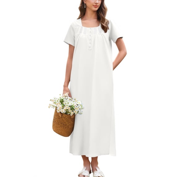 Ekouaer Cotton Nightgowns for Women Button Down Short Sleeve House Dress Lace Moomoo Nightgown Ladies Loungewear with Pockets
