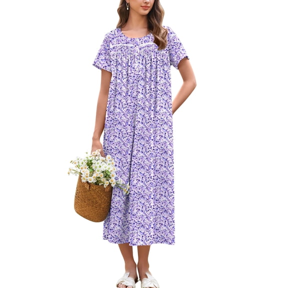 Ekouaer Cotton Nightgowns for Women Long Night Gown Short Sleeve Sleepdress Victorian Sleepwear Nightdress with Pockets