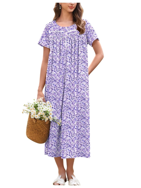 Cotton Nightgowns for Women Long Night Gown Short Sleeve Sleepdress Victorian Sleepwear Nightdress with Pockets