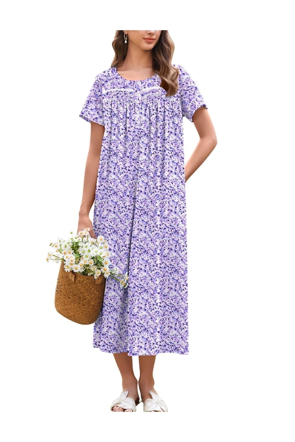 Cotton Nightgowns for Women Long Night Gown Short Sleeve Sleepdress Victorian Sleepwear Nightdress with Pockets