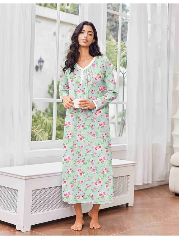Cotton Nightgowns for Women Long Sleeve Nightgown Full Length Night Gown Soft Comfy Nightdress Button Sleep Shirts