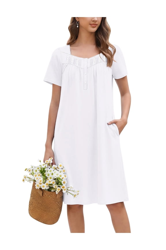 Cotton Nightgowns for Women Pleated Button Night Gowns Victorian Sleep Shirts Ladies House Dress with Pockets White
