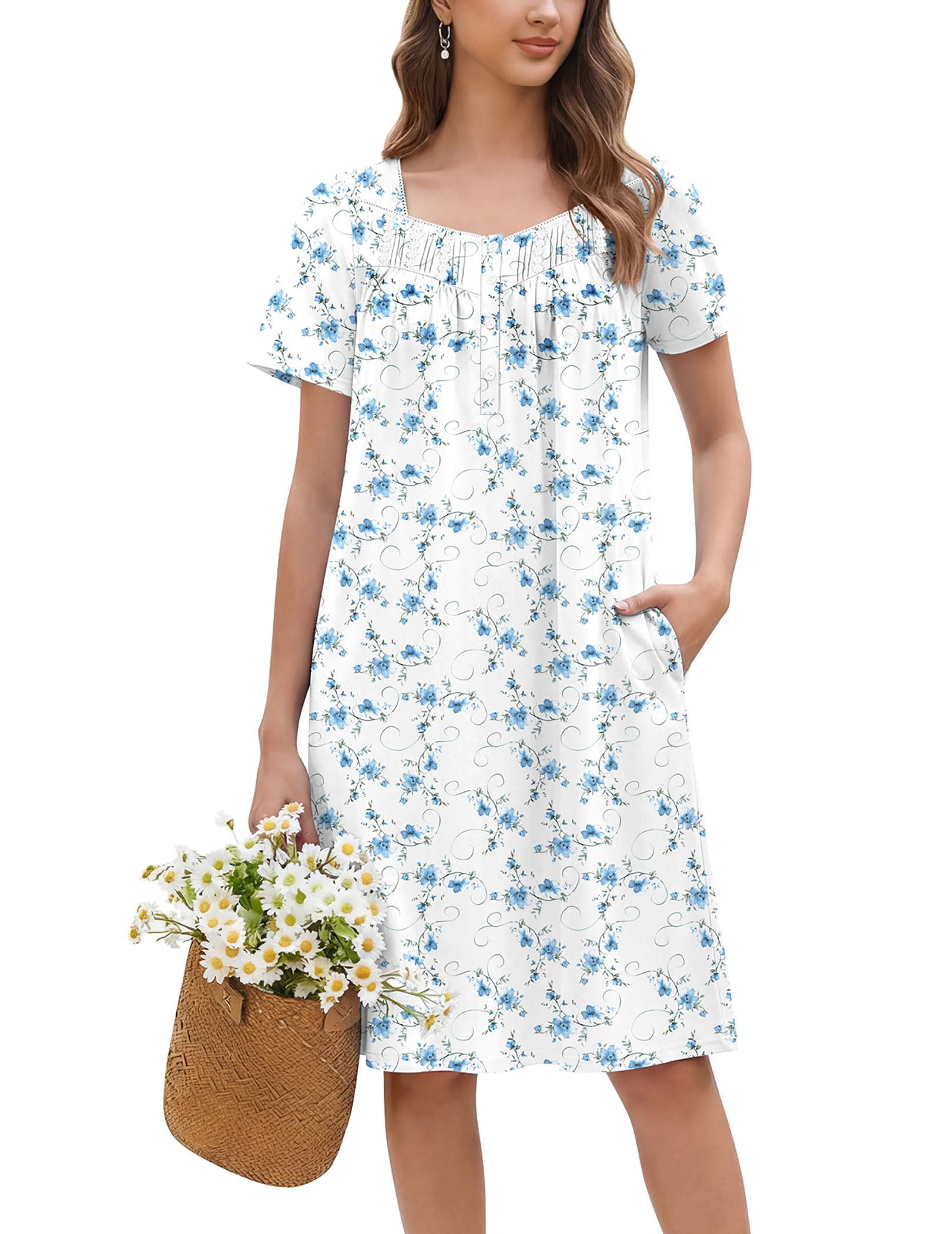 Ekouaer Cotton Nightgowns for Women Pleated Button Night Gowns ...