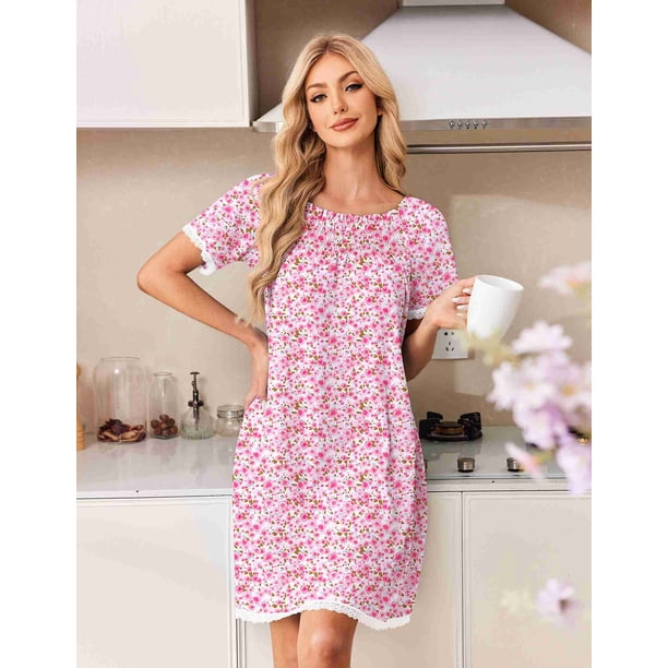 Ekouaer Cotton Nightgowns for Women Pleated Sleep Shirts Short Sleeve Night Shirt Lace Trim Sleep Dress Ladies Gown