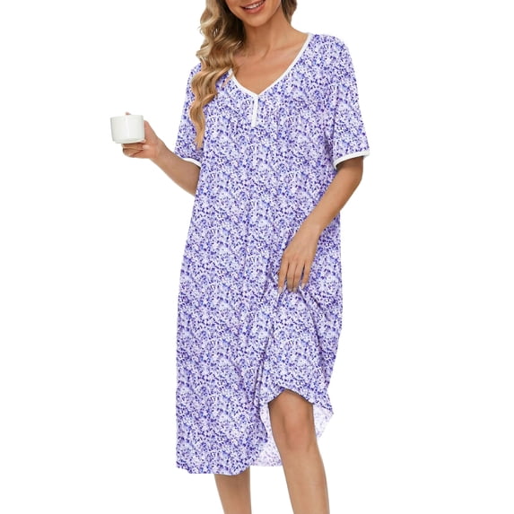 Ekouaer Cotton Nightgowns for Women Short Sleeve Night Gown V Neck Sleep Shirt Button Nightshirt Soft House Dress