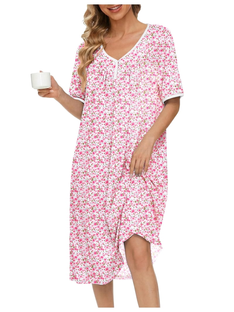 Ekouaer Cotton Nightgowns for Women Short Sleeve Night Gown V Neck Sleep Shirt Button Nightshirt Soft House Dress