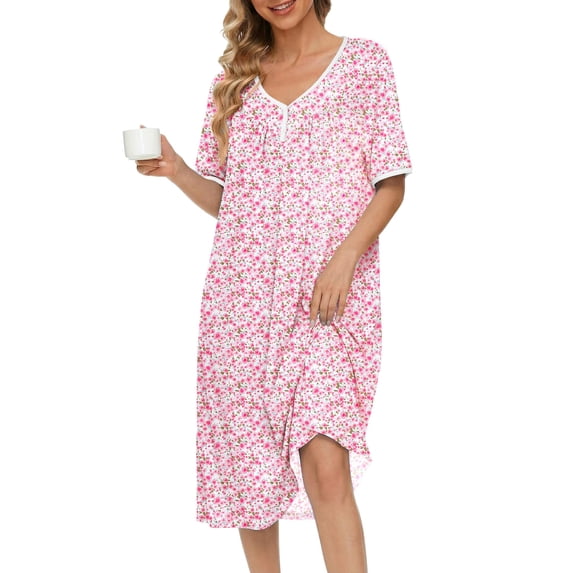 Ekouaer Cotton Nightgowns for Women Short Sleeve Night Gown V Neck Sleep Shirt Button Nightshirt Soft House Dress