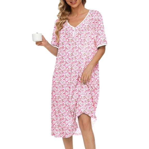 Ekouaer Cotton Nightgowns for Women Short Sleeve Night Gown V Neck Sleep Shirt Button Nightshirt Soft House Dress