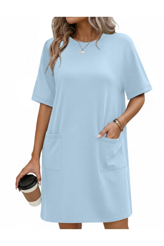 Cotton Nightgowns for Women Short Sleeve Sleep Shirts Crew Neck Night Dress Nightshirt with Pockets