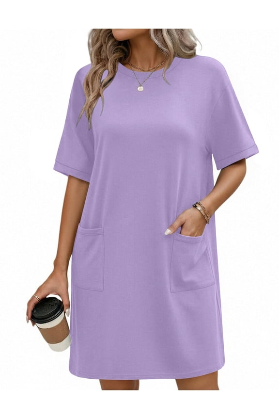 Cotton Nightgowns for Women Short Sleeve Sleep Shirts Crew Neck Night Dress Nightshirt with Pockets