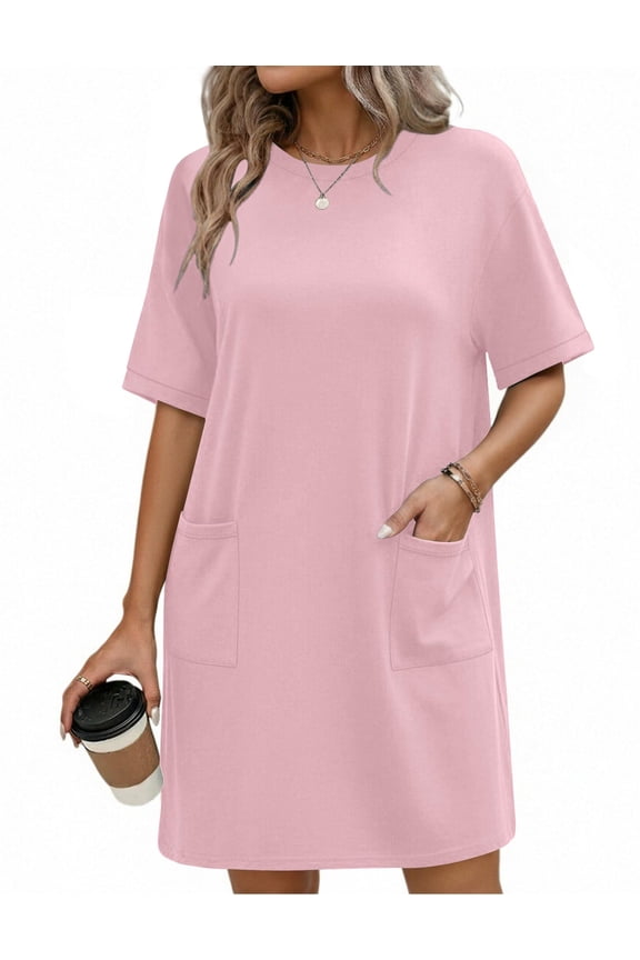 Cotton Nightgowns for Women Short Sleeve Sleep Shirts Crew Neck Night Dress Nightshirt with Pockets