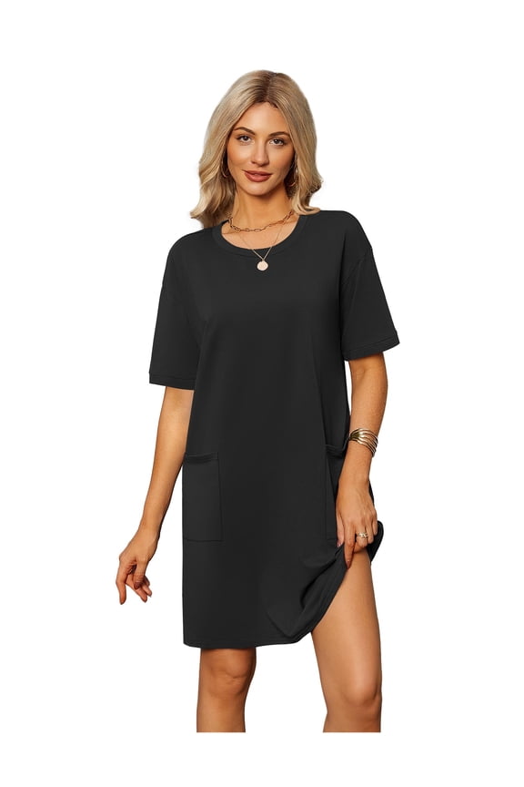 Cotton Nightgowns for Women Short Sleeve Sleep Shirts Crew Neck Night Dress Nightshirt with Pockets