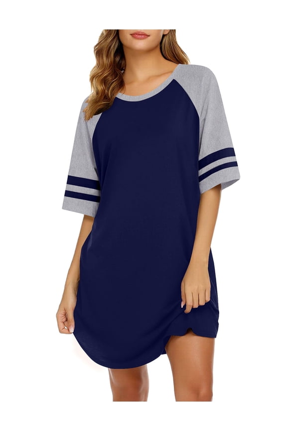 Cotton Nightgowns for Women Short Sleeve Sleep Shirts Crew Neck Night Shirts Soft Color Block Night Gown