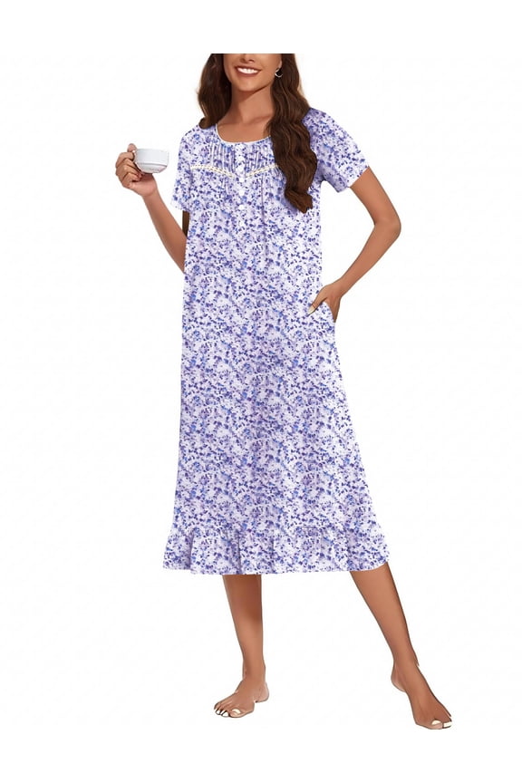 Cotton Nightgowns for Women Sleeping Soft Long Button Maternity Night Gowns House Dresses with Pockets Short Sleeve Night Shirts