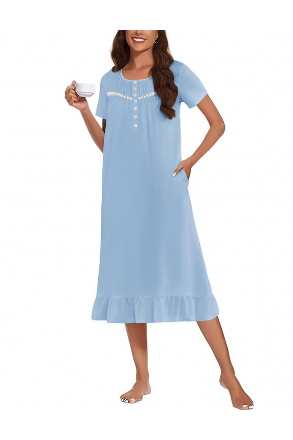 Cotton Nightgowns for Women Soft Long Button Night Gowns Comfy House Dresses with Pockets Short Sleeve Lounge Dress