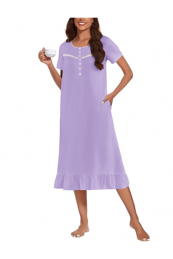 Cotton Nightgowns for Women Soft Long Button Night Gowns Ladies House Dresses with Pockets Short Sleeve Pajama Dress