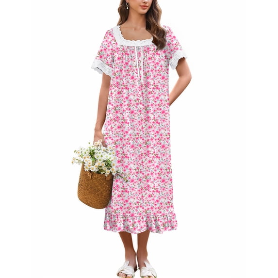 Ekouaer Cotton Nightgowns for Women Vintage Victorian Nightgown Short Sleeve Lace Night Gown Long Nightdress Soft Nightshirt