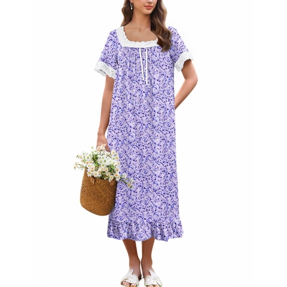Ekouaer Cotton Nightgowns for Women Vintage Victorian Nightgown Short Sleeve Lace Night Gown Long Nightdress Soft Nightshirt