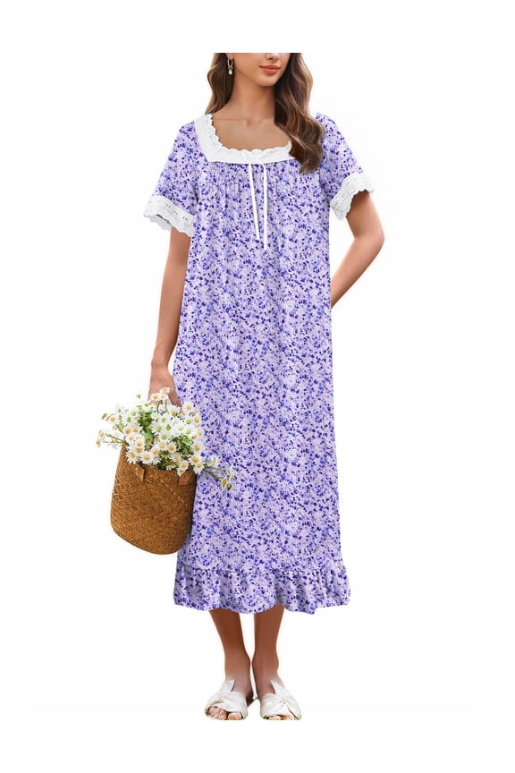 Cotton Nightgowns for Women Vintage Victorian Nightgown Short Sleeve Lace Night Gown Long Nightdress Soft Nightshirt