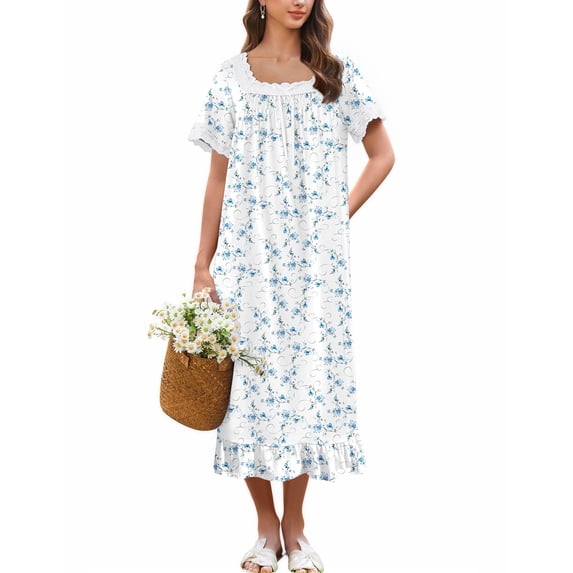 Ekouaer Cotton Nightgowns for Women Vintage Victorian Nightgown Short Sleeve Lace Night Gown Long Nightdress Soft Nightshirt