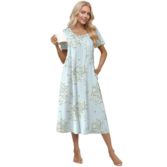 Ekouaer Cotton Nightgowns for Women with Pockets Midi Night Gowns for Sleeping Plus Size House Dress Lounge Dress