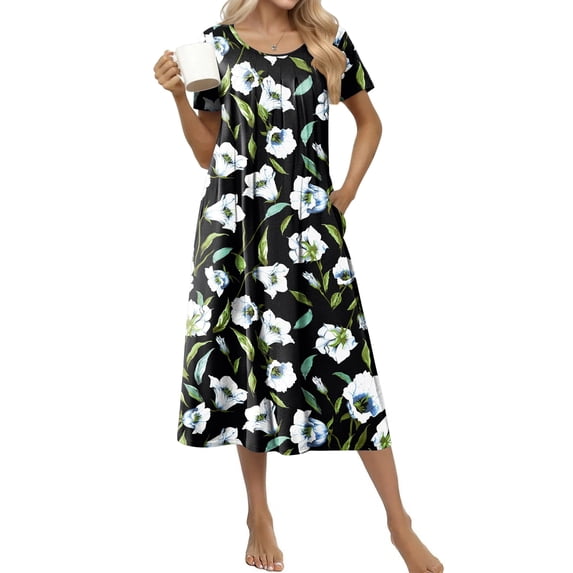 Ekouaer Cotton Nightgowns for Women with Pockets Midi Night Gowns for Sleeping Plus Size House Dress Lounge Dress