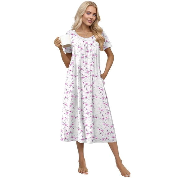 Ekouaer Cotton Nightgowns for Women with Pockets Midi Night Gowns for Sleeping Plus Size House Dress Lounge Dress