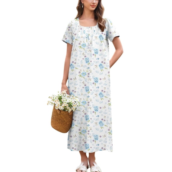 Ekouaer Cotton Nightshirts for Women Soft Cotton Nightgown Short Sleeve Button Down Sleepshirt Square Neck Lounge Dress With Pockets