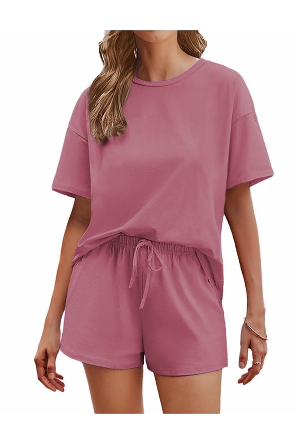 Cotton Pajamas Set for Womens Soft Short Sleeve Lounge Set Shorts Sleepwear Set 2 Piece Pjs Sets