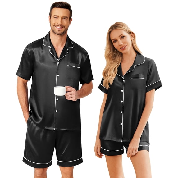 Ekouaer Couple Matching Pajamas Sets Silk Short Sleeve Button Down Sleepwear Satin Pjs Shorts Set Soft Lounge Set