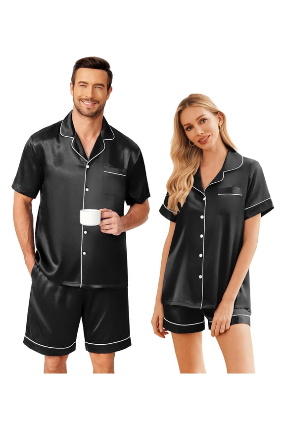 Couple Matching Pajamas Sets Silk Short Sleeve Button Down Sleepwear Satin Pjs Shorts Set Soft Lounge Set