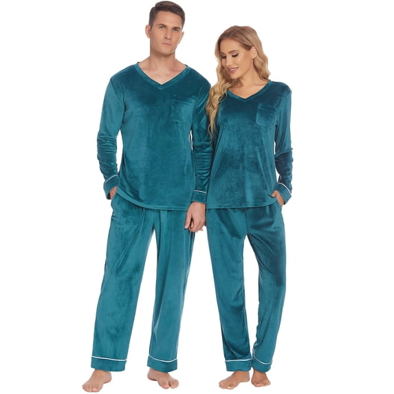 Ekouaer Couples Matching Pajamas Sets Velvet PJs Set for Men and Women Velour Long Sleeve Sleepwear